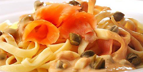 Nut and caper tagliatelle with smoked salmon